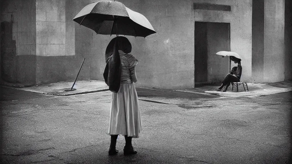 Image similar to “ a woman waiting on the corner holding an umbrella, photography by gregory crewdson ”