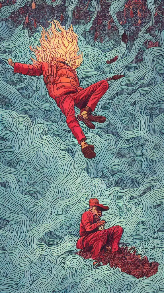 Prompt: highly detailed illustration of a man floating over a forest while the clouds in the sky seem to be on fire by kilian eng, moebius, nico delort, oliver vernon, joseph moncada, damon soule, manabu ikeda, 4 k resolution