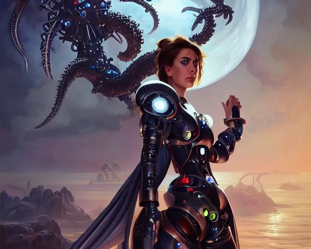 Image similar to young elizabeth hurley as a gorgeous cyborg terminator being caught by the kraken, photography of kurzgesagt, deep focus, d & d, fantasy, intricate, elegant, highly detailed, digital painting, artstation, concept art, matte, sharp focus, illustration, hearthstone, art by artgerm and greg rutkowski and alphonse mucha