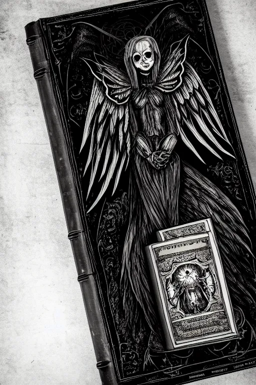 Image similar to dlsr photo illustration of envoked dark angel holding a book of necronomicon, symmetrical, cinematic, sharp focus, 4 k, ultra hd, sense of awe, sinister demonic atmosphere, dreadful, forbidden knowledge, old gods. demonology journal cover