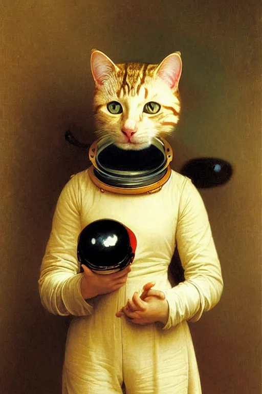 Image similar to portrait of a cat astronaut with armor and helmet, by bouguereau