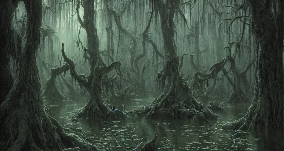 Prompt: A dense and dark enchanted forest with a swamp, by john howe