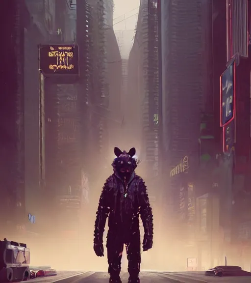 Image similar to new york city portrait of furry anthro anthropomorphic spotted hyena head animal person fursona wearing clothes strange cybernetic muzzle gloomy rainy screenshot from the video game cyberpunk 2077 digital art by Greg Rutkowski, Simon Stalenhag, christopher nolan trending on Artstation, CGSociety