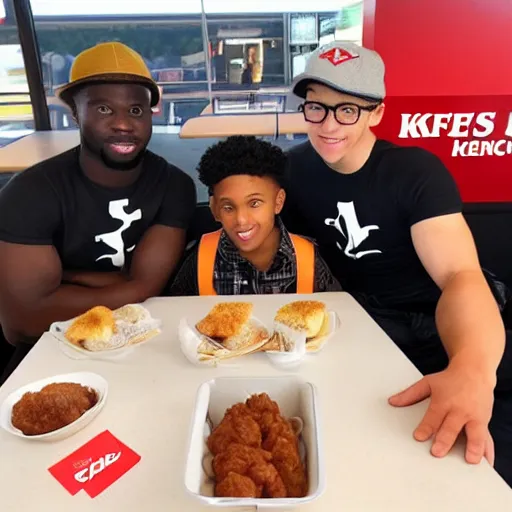 Prompt: 2 owen wilsons hanging out with 3 vince vaughns at a kfc