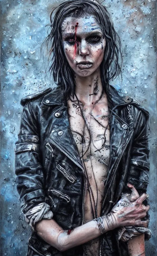 Image similar to acid rain effect, punk rock girl, mad max jacket, post apocalyptic, renaissance, cables on her body, hyper realistic style, oil painting, fantasy by Olga Fedorova