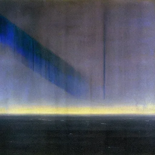 Image similar to the epic abstract painting'blue arctic void with black and red aurora borealis above a tiny inuit village ', by caspar david friedrich!!!, by rothko!!!, stunning masterpiece, trending on artstation