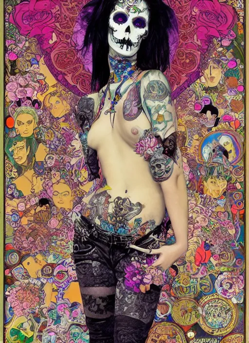 Prompt: cute punk goth fashion fractal Día de los Muertos tattooed girl posing in goth outfit by by Mario Testino, psychedelic poster art of by Victor Moscoso Rick Griffin Alphonse Mucha Gustav Klimt Ayami Kojima Amano Charlie Bowater, masterpiece