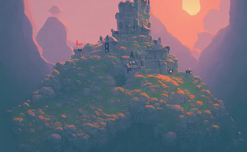 Image similar to old tiny castle on a hill, james gilleard, moebius, print, game art