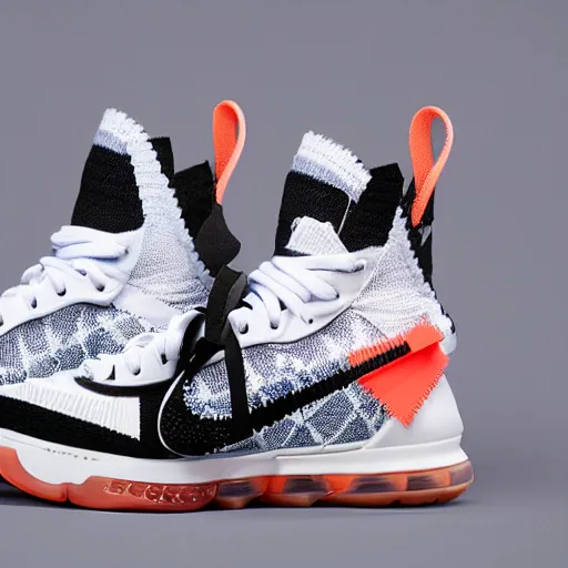 Prompt: a studio photoshoot of Nike Off-white Lebron sneakers designed by Virgil Abloh, knitted mesh material, gum rubber outsole, realistic, color film photography by Tlyer Mitchell, 35 mm, Graflex