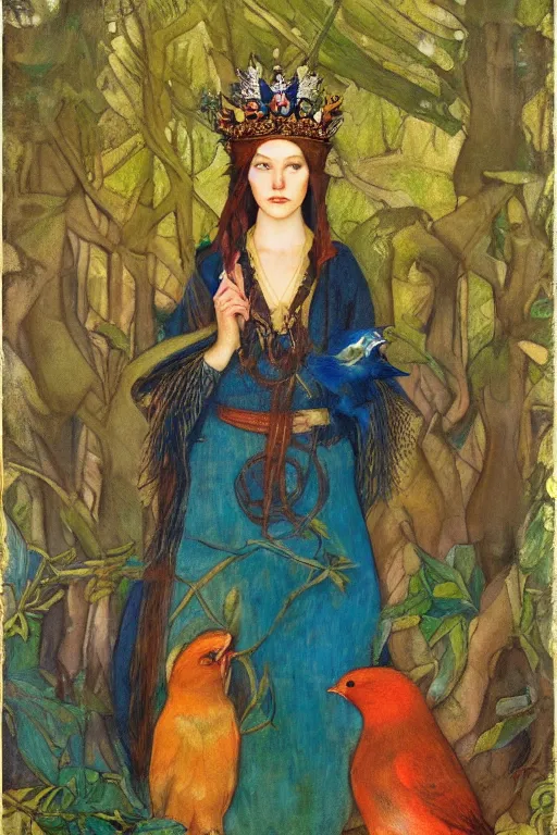 Image similar to the queen of the forest with her birds, by Annie Swynnerton and Nicholas Roerich, elaborately costumed, rich color, dramatic cinematic lighting, smooth, sharp focus, extremely detailed, featured on artstation