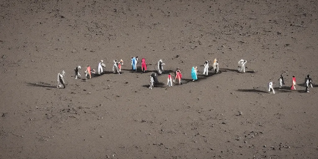 Image similar to ten friends on dusty Mars soil in the future walking together all wearing stylish futuristic clothing picture taken with 5 mm camera nokia, intricate, ultra HD, super detailed, realistic, award-winning picture