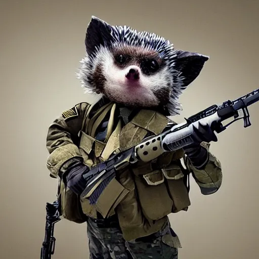 Image similar to still image of an anthropomorphic hedgehog soldier wearing military gear, the hedgehog is holding a rifle, photo