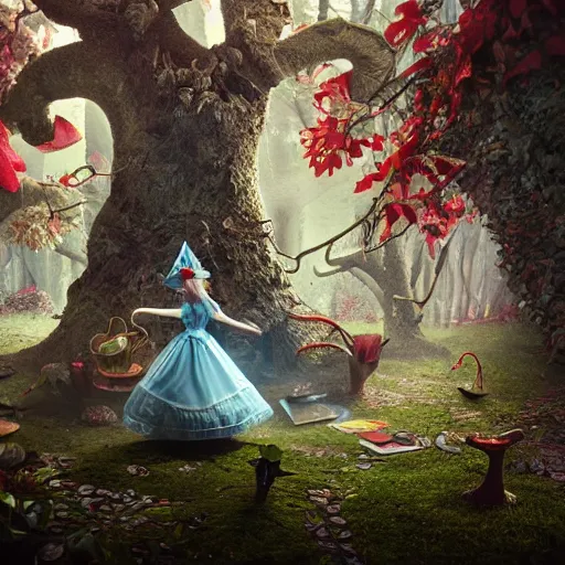 Image similar to alice in wonderland 3 d, horror atmosphere, scarry, octane render, intricate, hyper detailed, morning light, well rendered