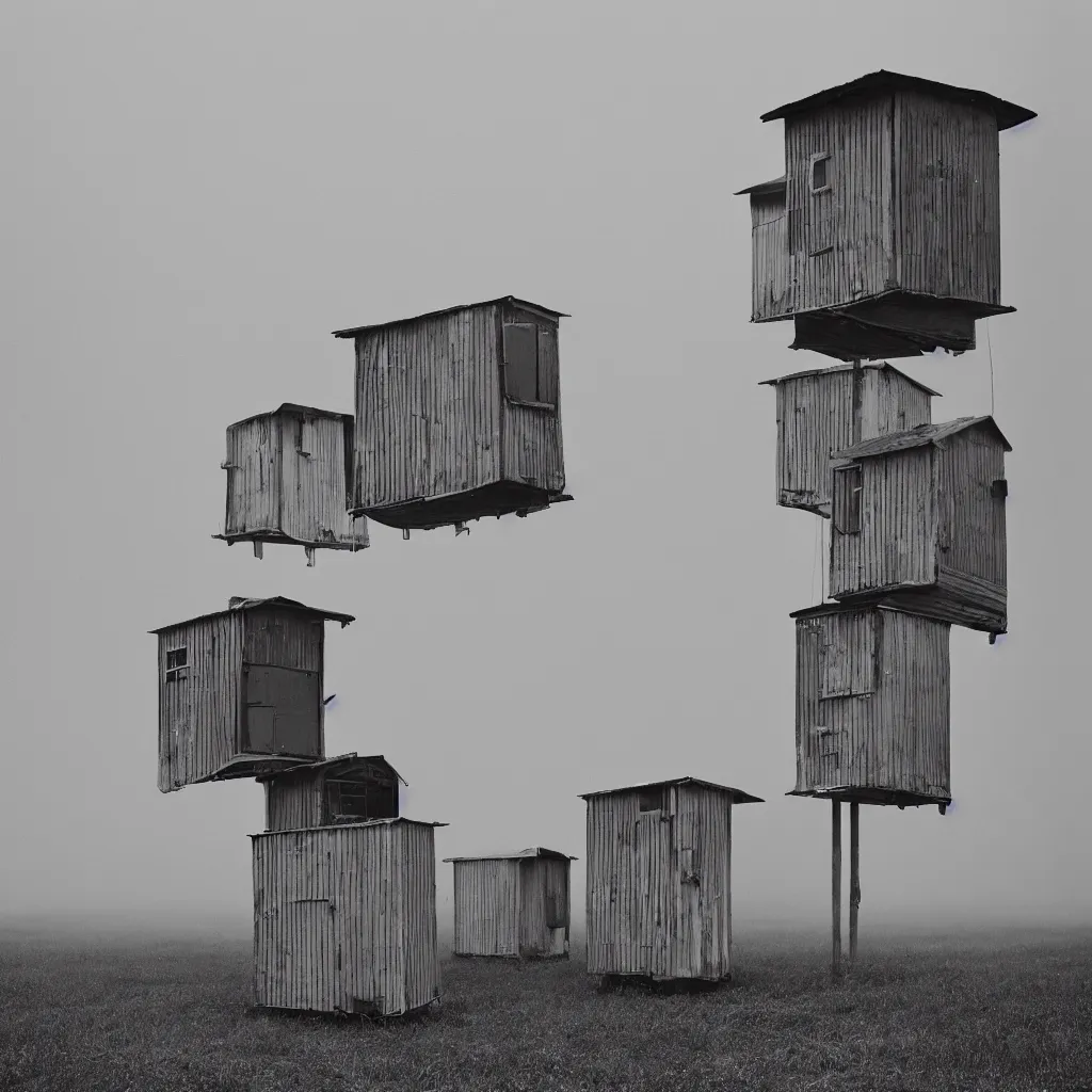 Image similar to two suspended towers made up of colourful makeshift squatter shacks, plain uniform sky at the back, misty, mamiya rb 6 7, ultra sharp, very detailed, photographed by uta barth