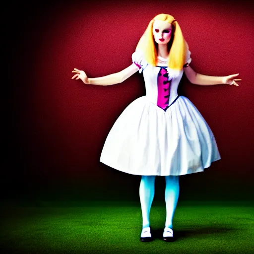 Image similar to beautiful full body portrait of alice in wonderland, middle aged, atmospheric, 4 k, strap shoes, white rabbit in background