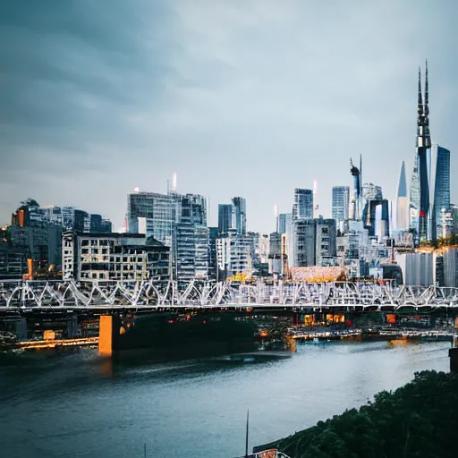 Prompt: A beautiful computer art of a cityscape with tall spires and delicate bridges. by Sou Fujimoto Sigma 85mm f/1.4