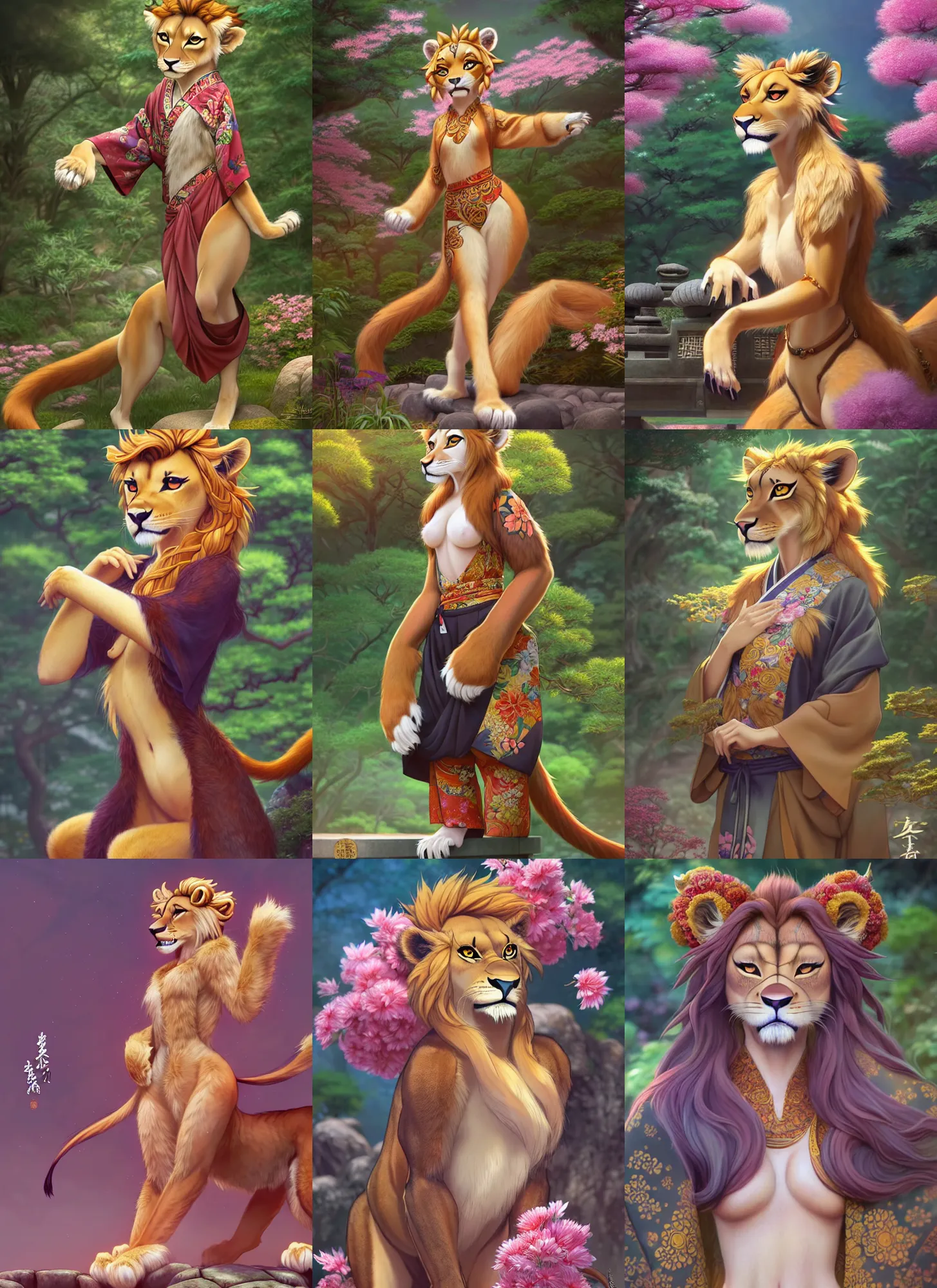 Prompt: beautiful full body portrait of a female anthropomorphic furry lioness fursona wearing a ornate kimono in a japanese zen garden. character design by disney, anime, manga, charlie bowater, ross tran, artgerm, and makoto shinkai, detailed, soft lighting, rendered in octane