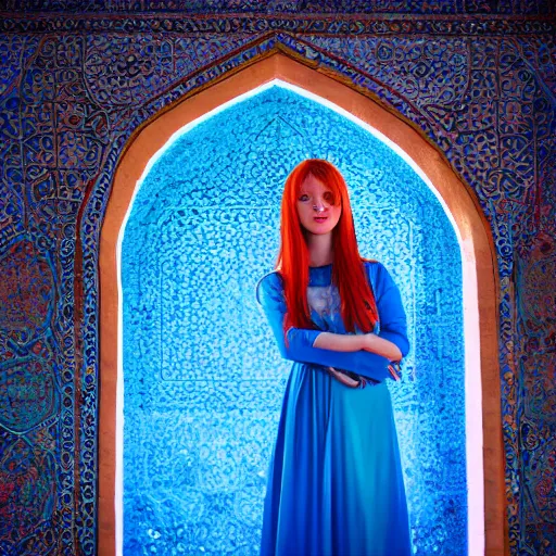 Image similar to redhead girl, blue dress, detailed, nasirolmolk mosque, colorful lights, by john howe _ h 7 0 4