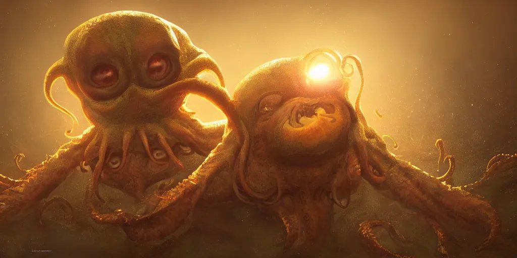 Image similar to cute happy baby cthulhu, golden hour, fantasy, sharp focus, digital art, hyper realistic, 4 k, unreal engine, highly detailed, hd, dramatic lighting by brom, trending on artstation, new cats movie