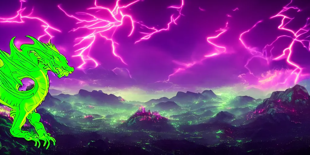 Prompt: 4k realistsic portrait of synthwave dragon breathing neon green fire and purple eyes with mountains in background and stormy clouds