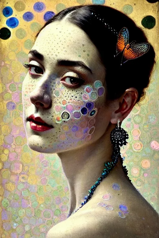 Image similar to allover painting face portrait of elegantly beautiful, sophisticated victoria exhalted queen of advanced mathematics, iridescent corvus, intricate automatism, baroque, batik, ben - day dots by, norman rockwell, range murata jeremy lipking, trending on pinterest, stunning 8 k, sharp depth of field, pristine global illumination, circuit bent synthesis.