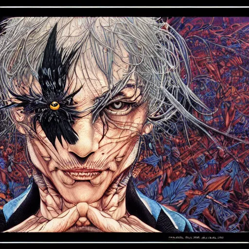 Image similar to portrait of crazy the crow, symmetrical, by yoichi hatakenaka, masamune shirow, josan gonzales and dan mumford, ayami kojima, takato yamamoto, barclay shaw, karol bak, yukito kishiro