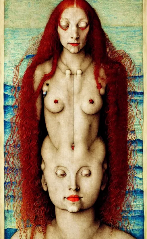 Image similar to portrait of a robot girl with long red hair and tattoo, under water, very beautiful enga style, girl wrapped in color, photorealism albrecht durer george copeland ault