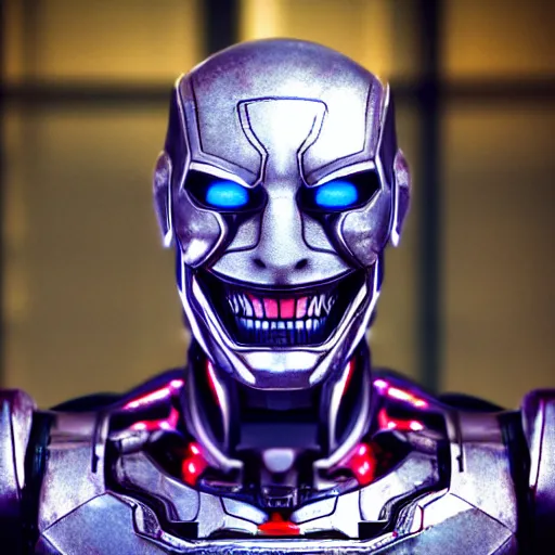 Prompt: portrait of an intimidating glowing scary robot, metal is multicolored, glowing eyes, glowing veins of white, hero, villain, Joker smile, creepy, Ultron