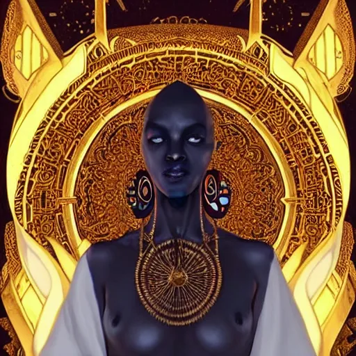 Image similar to symmetry!! an african moor wearing white robes and turban entering the voidspace. ornate, golden, steampunk stargate. front game card. marvel comics. dark. intricate. highly detailed. smooth. artstation. digital illustration by ruan jia, mandy jurgens, artgerm, wayne barlowe, greg rutkowski, and zdislaw beksinsk.