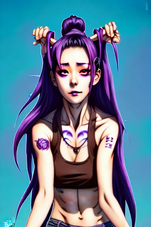 Image similar to a portrait of dilraba dilmurat as revy from black lagoon, smirk, black tank top, jean shorts, brown eyes, purple hair, tribal tattoo slevve right arm, symmetrical eyes, symmetrical face, art by lois van baarle and loish and ross tran and rossdraws and sam yang and samdoesarts and artgerm