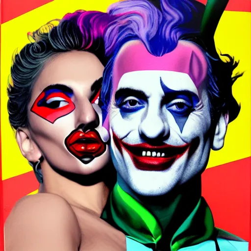Image similar to richard hamilton and mimmo rottela as lady gaga harley queen and joaquin phoenix joker kissing, pop art, medium long shot, 2 color, random content position, hyper detailed content, dynamic composition, 4 k, ultra realistic art, smooth, sharp focus, illustration, concept art, intricate details, h 7 6 8