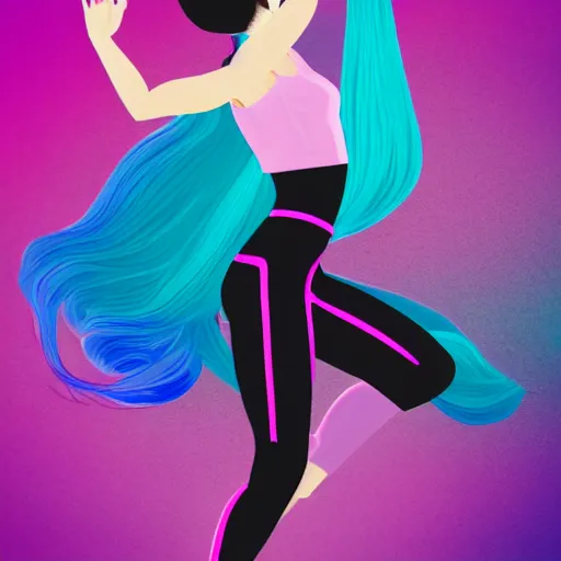 Image similar to a award winning half body shot of a beautiful woman in a croptop and leggings with a ombre purple pink teal hairstyle with head in motion and hair flying, outrun, vaporware, highly detailed, fine detail, intricate