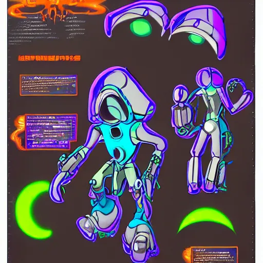 Image similar to official character sheets for a new vampire squid casual mech suit, window showing characters face, art by tim schafer black velvetopia art for psychonauts from double fine studios, art by splatoon from nintendo, black light rave, bright neon colors, spray paint, punk, tall thin build, adult character, fully clothed, colorful