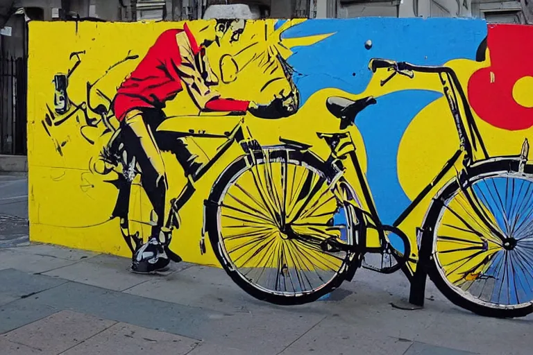 Image similar to bike stylize, san francisco, bansky art style, dynamic, yellow jersey