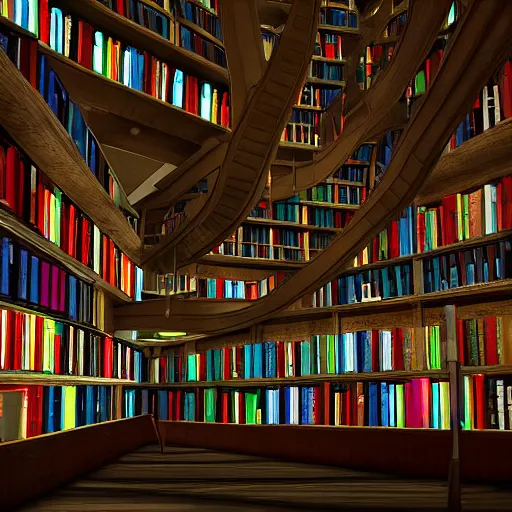 Prompt: A colorful picture, indoor scene of a library, endless hallways and bookshelves, stairs, ultra-wide shot, detailed, trending on artstation, light effect, unreal engine 5