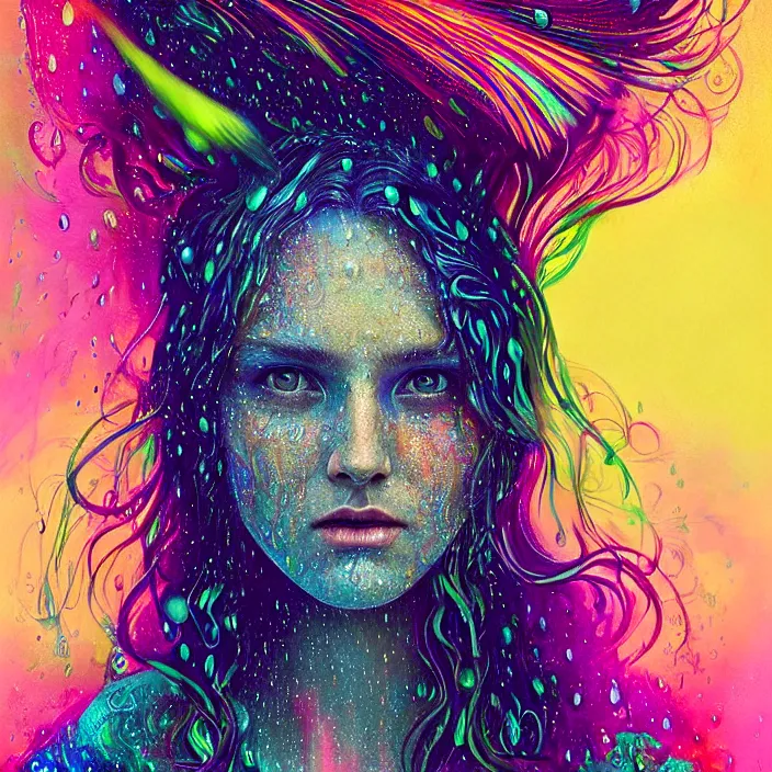 Image similar to bright psychedelic portrait with rain on face and wet hair, wings, smiling, diffuse lighting, fantasy, intricate, elegant, highly detailed, lifelike, photorealistic, digital painting, artstation, illustration, concept art, smooth, sharp focus, art by John Collier and Albert Aublet and Krenz Cushart and Artem Demura and Alphonse Mucha