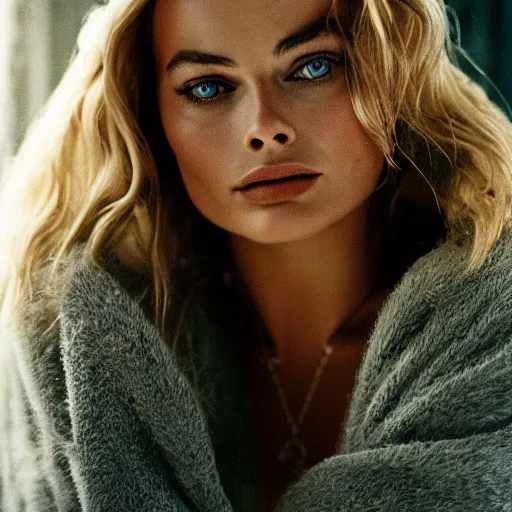 Prompt: Margot Robbie with wet hair, soft lighting, sharp details, warm colors, studio portrait, 35 mm film