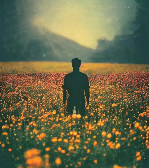 Image similar to mystical death god standing in tall meadow of flowers, distant, vintage film photo, grainy, high detail, high resolution