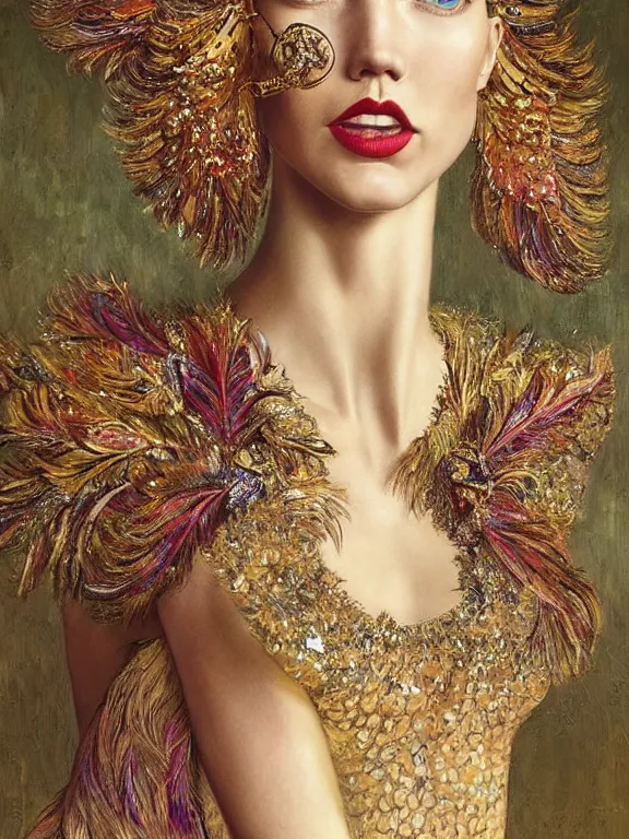 Image similar to an golden age portrait of Karlie Kloss,embellished sequined,feather-adorned,by tom bagshaw,Cedric Peyravernay,Peter Mohrbacher,William Holman Hunt,William Morris,Catherine Nolin,metropolis,Gucci,Dior,trending on pinterest，maximalist,glittering,feminine