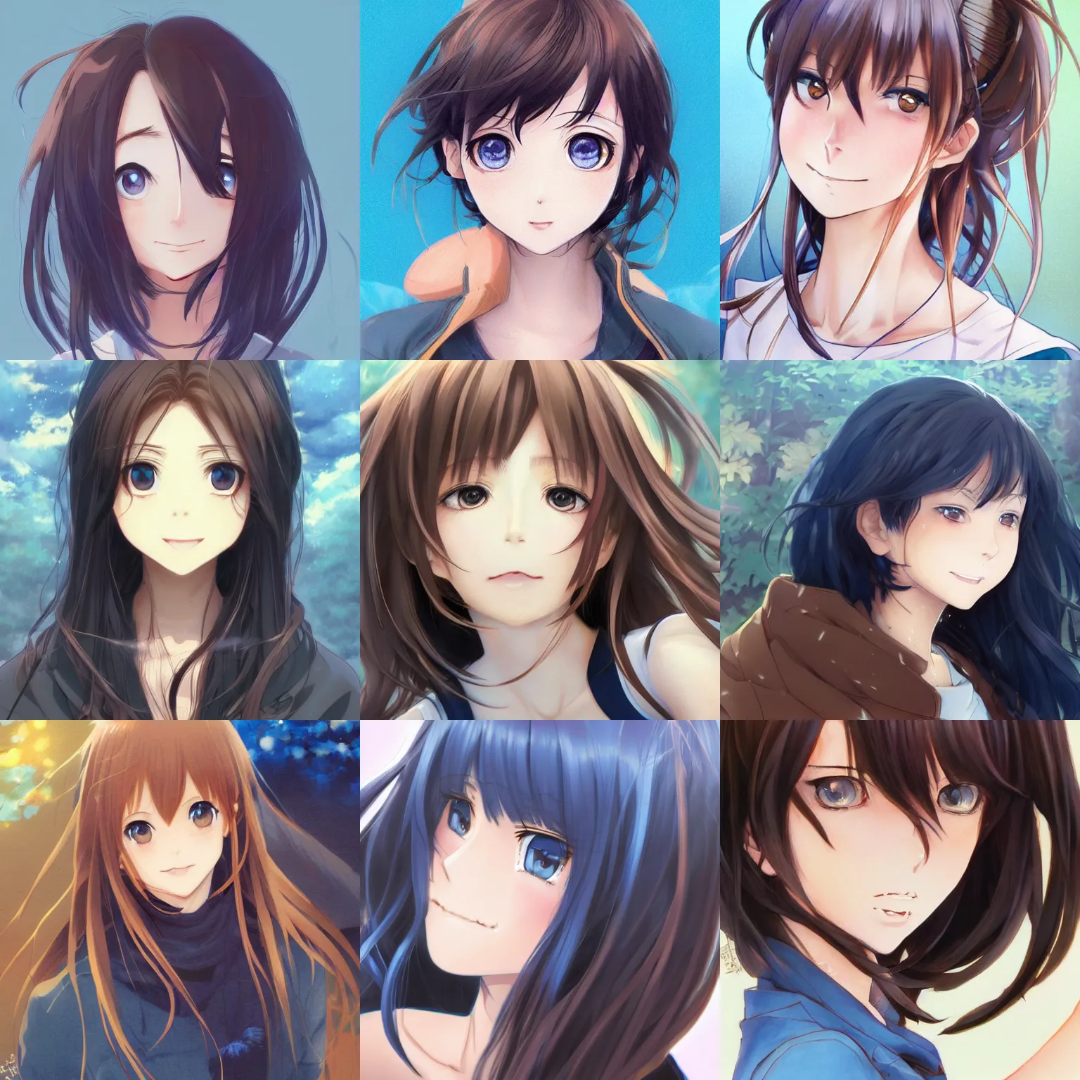 Prompt: An anime drawing of a happy beautiful woman with straight brown hair, bright blue eyes, without glasses, smiling, and her whole head fits in the frame, by Stanley Artgerm Lau, WLOP, Rossdraws, James Jean, Andrei Riabovitchev, Marc Simonetti, and Sakimi chan, trending on artstation