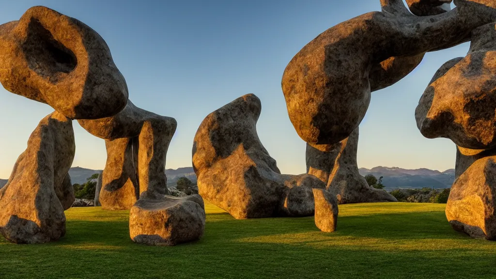 Prompt: a colossal abstract granite sculpture garden by Michelangelo an Henry Moore, on a green lawn, distant mountains, golden hour, 8k, DSLR Camera, The merely beautiful bore me to death