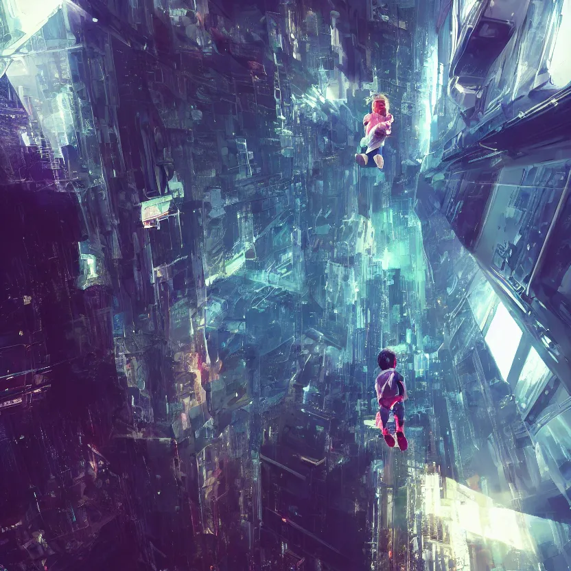 Image similar to An ultra-high resolution photograph of a kid in an elevator mid air, sci-fi, fututistic, by Yoshitaka Amano and Alena Aenami, Trending on Artstation, nvidia, matte painting, unreal enginqe