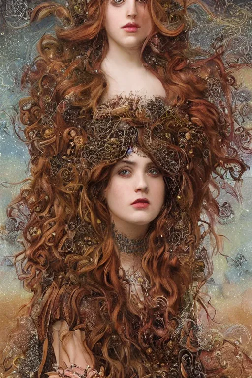 Image similar to An extremely beautiful pre-raphaelite ornate portrait of a very beautiful witch, ultradetailed, intricate, elegant, digital art painting, concept art, smooth, sharp focus, magazine art cover illustration, regal, award winning picture, extremely detailed masterpiece, sense of awe, featured on Artstation, Artgerm, ethereal bubbles, Aetherpunk, atmospheric lightning, Exquisite floral details, 8K detail post-processing