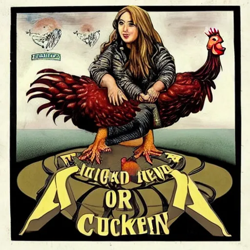 Image similar to Woman!! sitting astride a huge chicken, heavy metal album cover