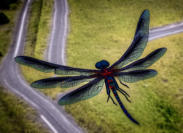 Prompt: Giant dragonfly monster flying in the road of the ruined city, high quality photo, 85mm, focused