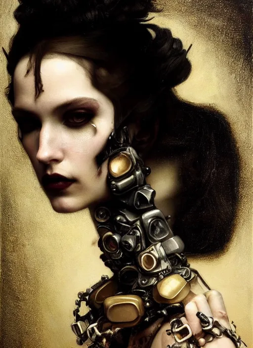 Prompt: highly detailed oil painting | very intricate | cinematic lighting | award - winning | cyberpunk goth fashion by alexander mcqueen | by roberto ferri, by tom bagshaw, by j. c. leyendecker and klimt, american romanticism, by austin osman spare, artstation, cgsociety, official art, octane