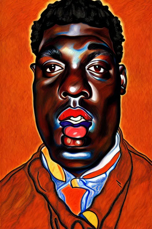 Image similar to a portrait of biggie small in style of egon schiele, masterpiece, hyperdetailed, complex, intricate, 4 k, trending on artstation