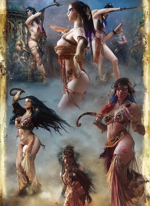 Image similar to hyper realistic photography of bellydancer festival warrior curvy partygirl cinematic, vallejo, julie bell, craig mullins greg rutkowski, rowena morrill, juan gimenez