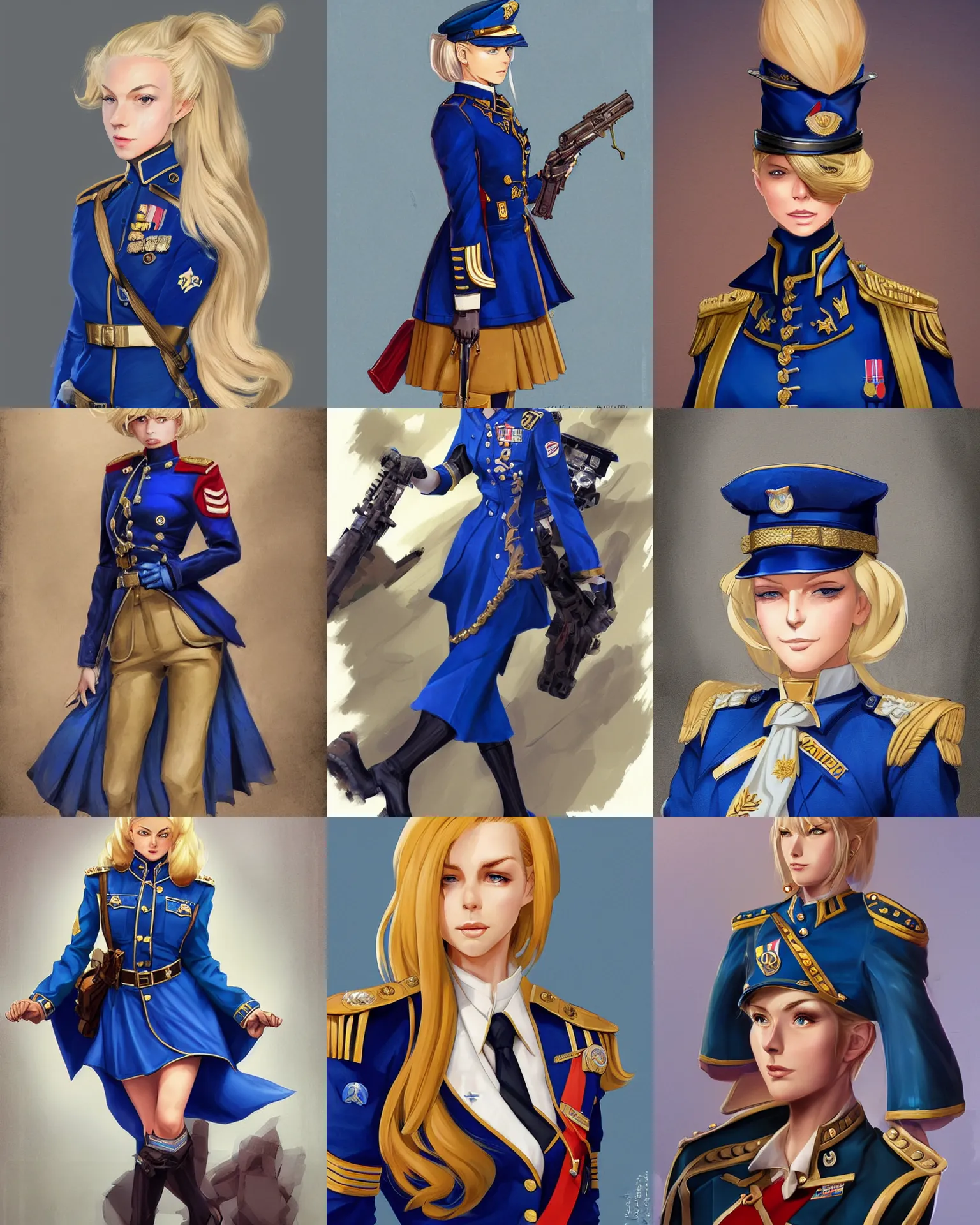 Prompt: A blonde woman in a royal blue military dress uniform , visualartzi, dieselpunk, anime, concept art by Sakimichan, Karla Ortiz, James Paick, Charlie Bowater, Krenz Cushart, highly detailed, ultra detailed, ultra realistic, trending on artstation, cgstudio