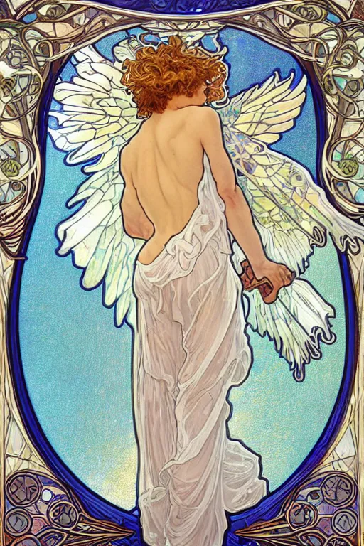 Image similar to full figure art nouveau window depicting a male angel with curly blond hairs, dressed with fluent clothes, majestic wings, luminous halo, by alfons mucha, d & d character, gradient white to gold, in front of an iridescent background, highly detailed portrait, digital painting, artstation, concept art, smooth, sharp focus, illustration, artstation hq